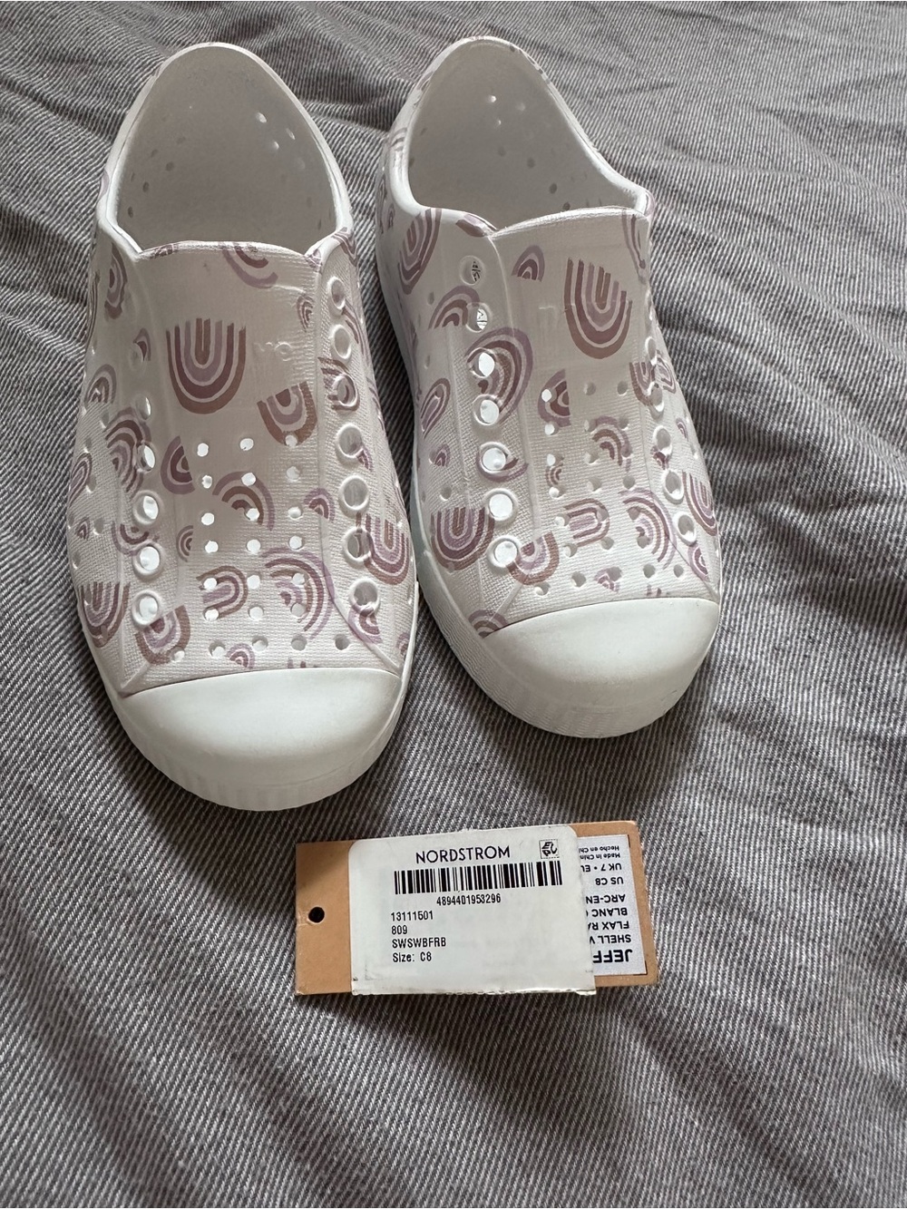 Nordstrom Kids White Slip-On Sneakers with Mauve Rainbow Motif